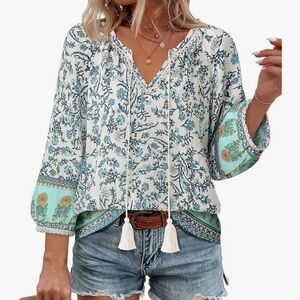 Boho Floral V Neck Bell Sleeve Blouse 2XL Boutique Style